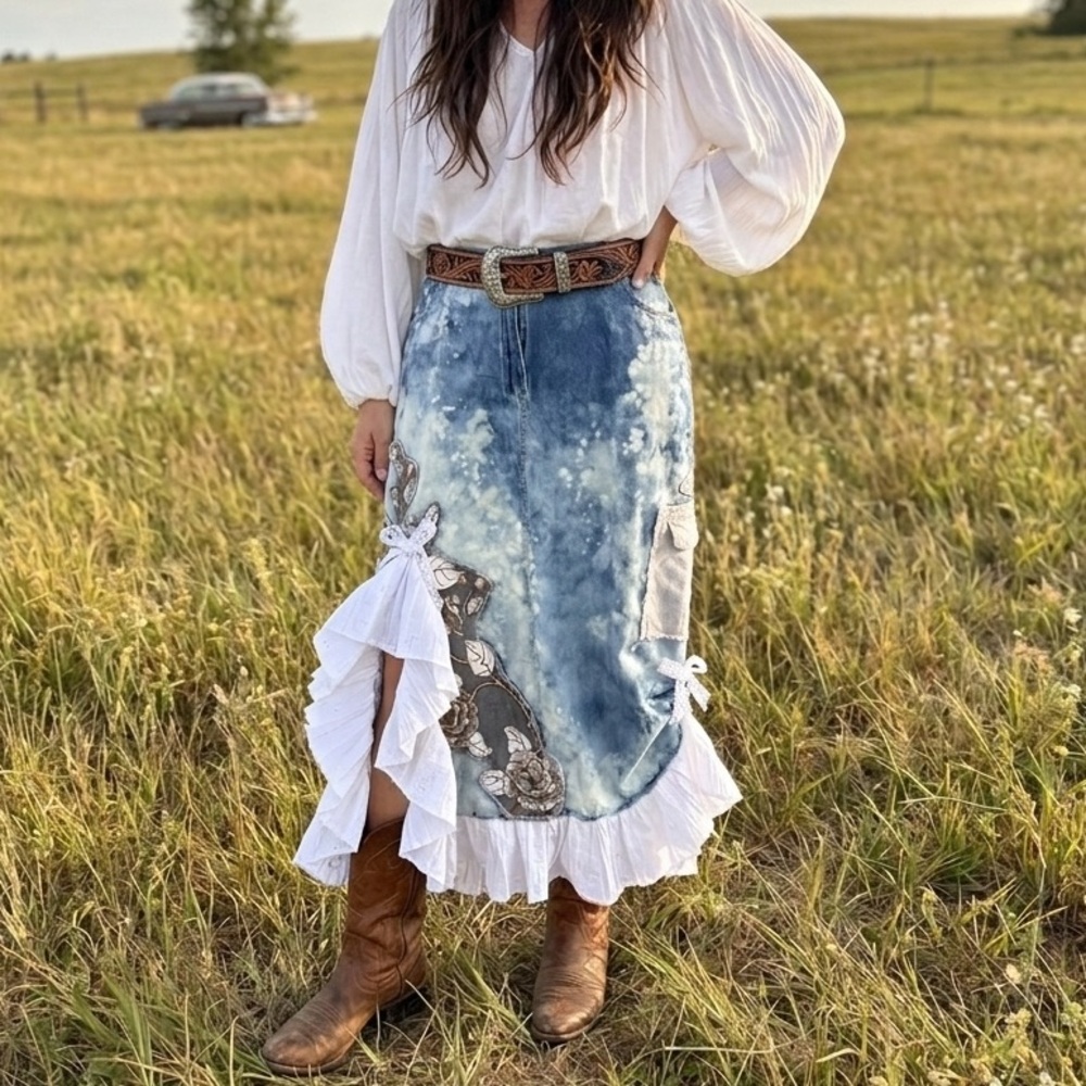 Upcycled Denim Chambray Maxi Skirt Ruffle Eyelet Lace Boho Western Prairie Large